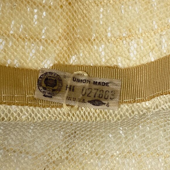 Vintage Wide Brim Straw Hat Ivory with Ribbon Bow Accent Union Made in USA
